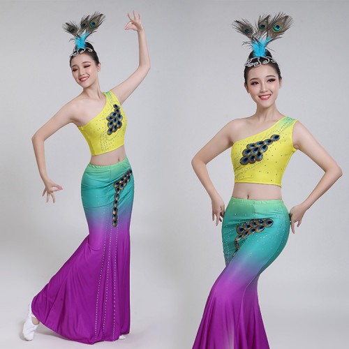 Chinese folk dance dresses for girls women stage performance peacock belly dance mermaid dresses costumes